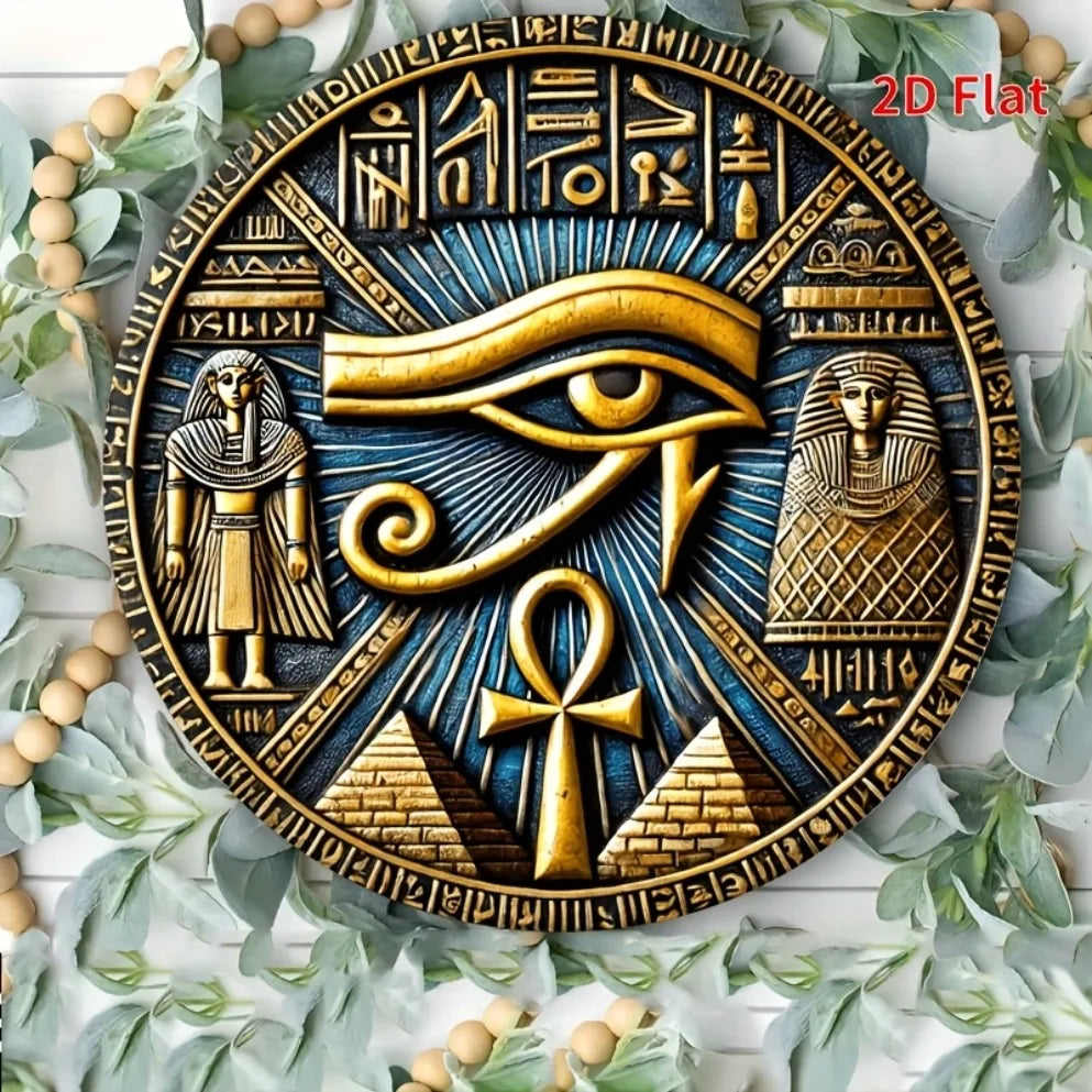 Placa decorativa egípcia em metal - Olho de Hórus, Ankh (20cmx20cm)