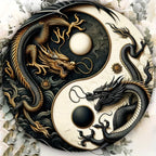 Placa metálica Yin-Yang com dragão chinês  - Arte oriental em preto e branco