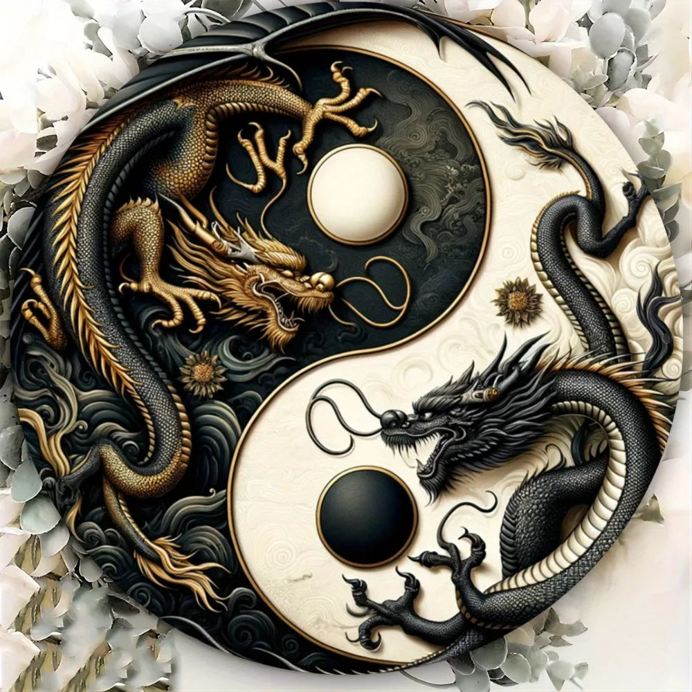 Placa metálica Yin-Yang com dragão chinês  - Arte oriental em preto e branco
