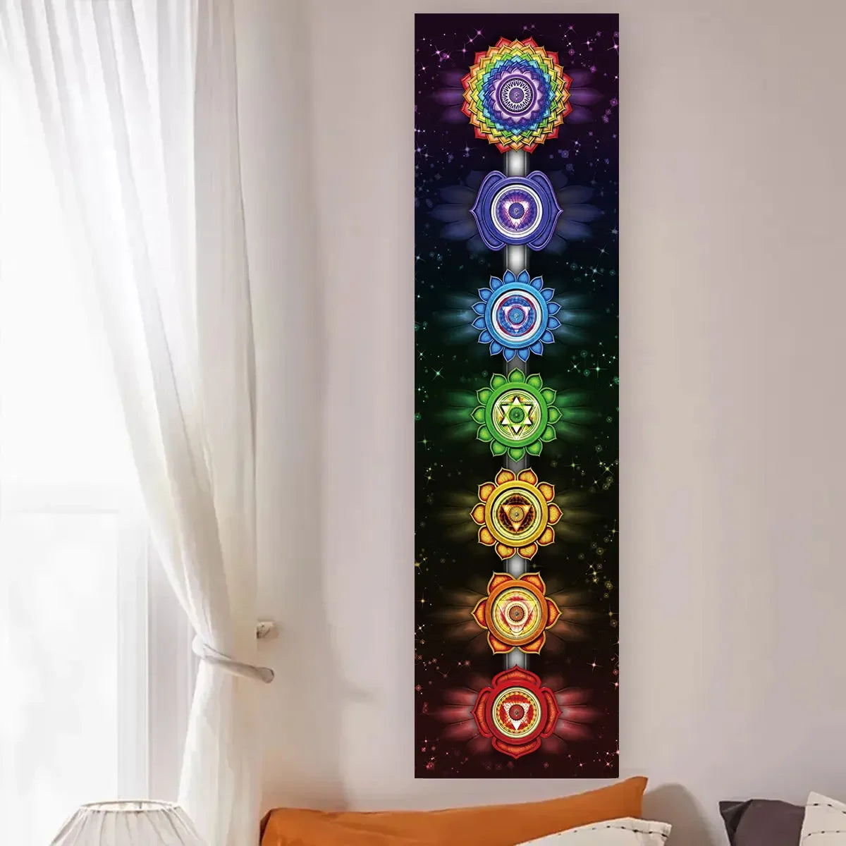 Tapeçaria colorida de chakras para meditação de ioga
