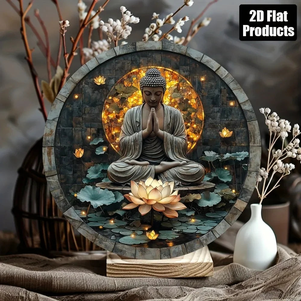 Placa de metal plana 2D vintage com Buda Zen (20cmx20cm)