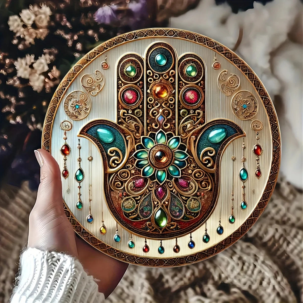 Placa de alumínio Hamsá com pedras coloridas