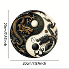 Placa metálica Yin-Yang com dragão chinês  - Arte oriental em preto e branco