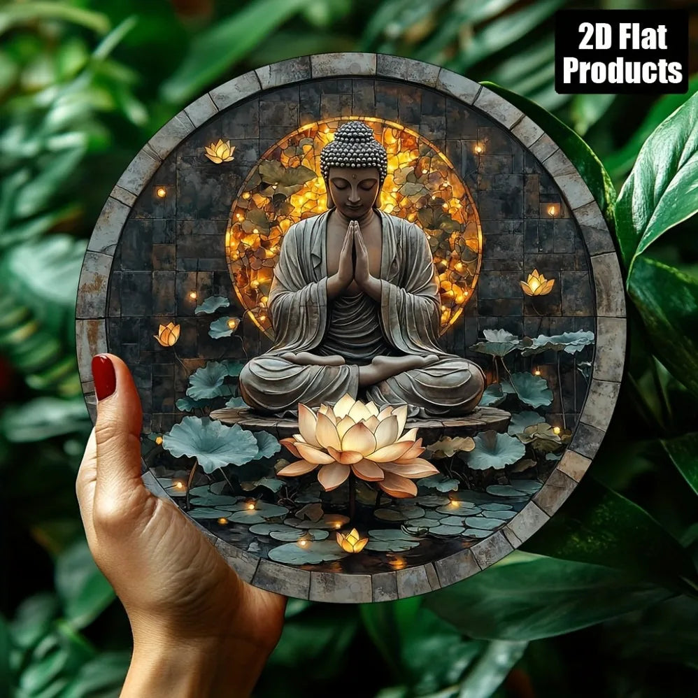 Placa de metal plana 2D vintage com Buda Zen (20cmx20cm)