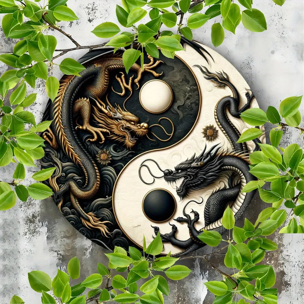 Placa metálica Yin-Yang com dragão chinês  - Arte oriental em preto e branco