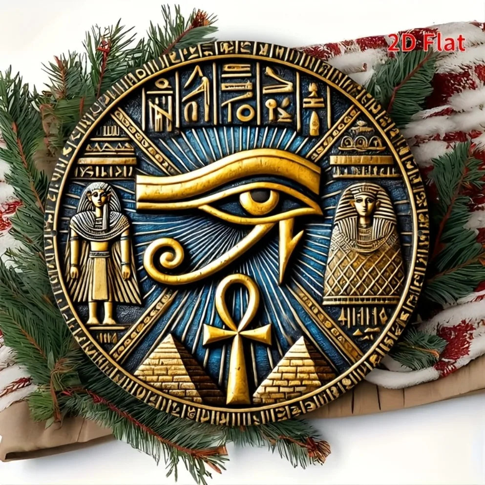 Placa decorativa egípcia em metal - Olho de Hórus, Ankh (20cmx20cm)