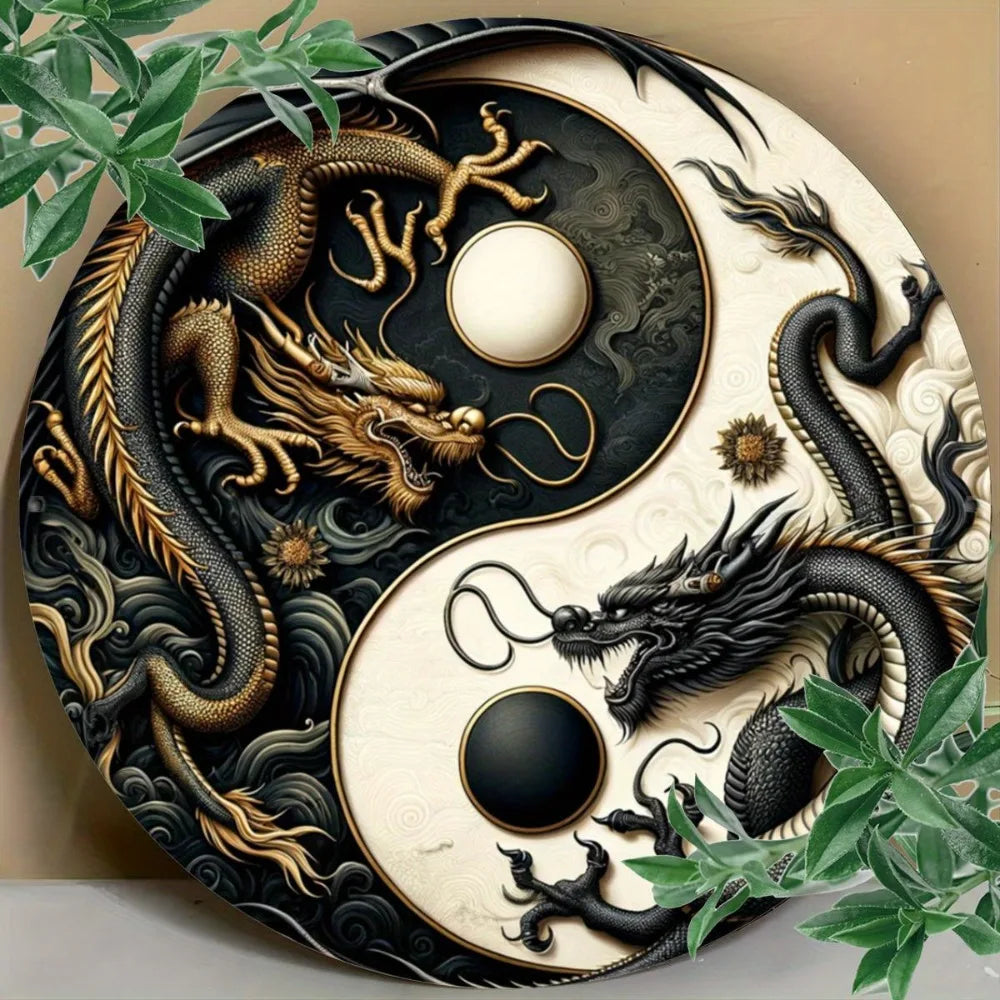 Placa metálica Yin-Yang com dragão chinês  - Arte oriental em preto e branco