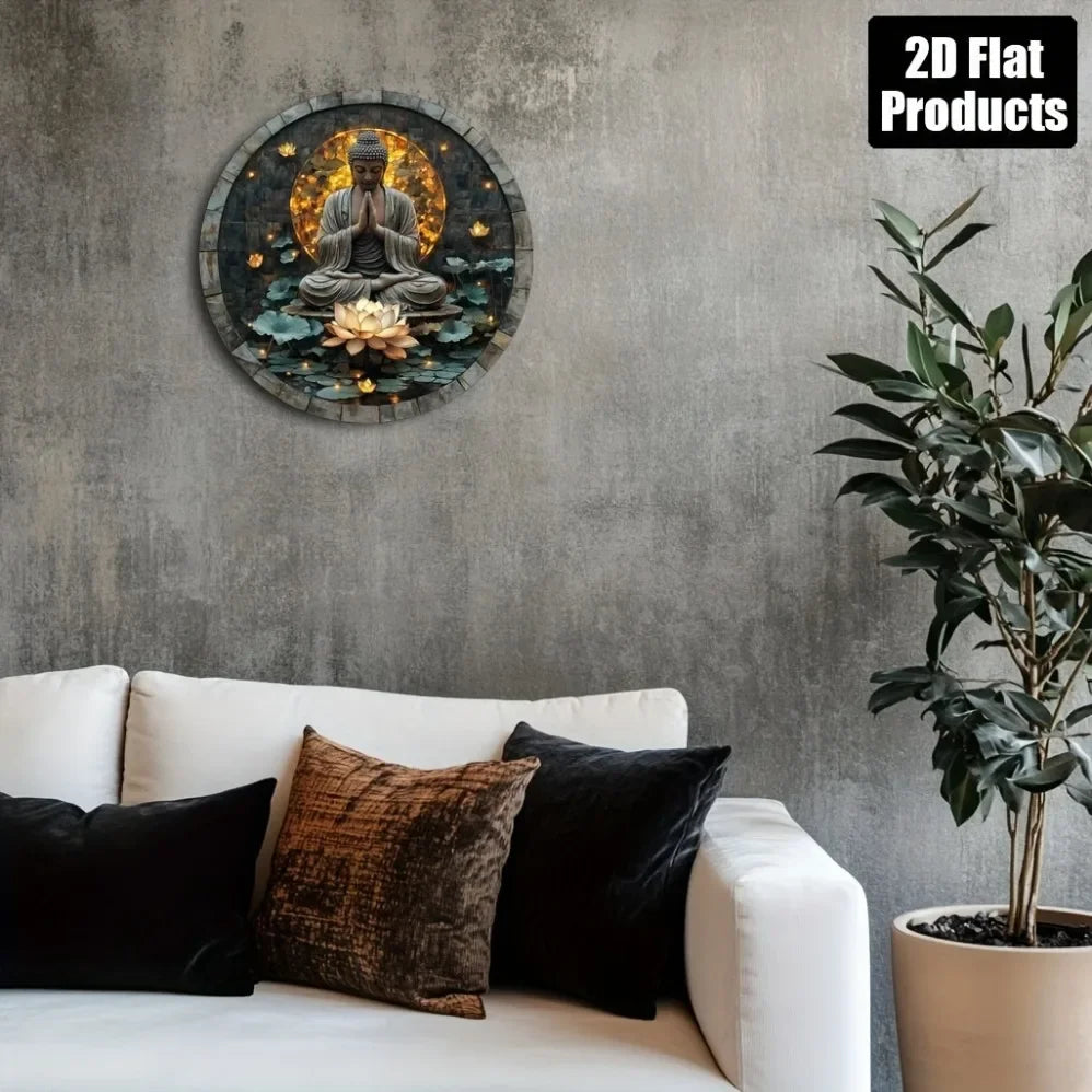 Placa de metal plana 2D vintage com Buda Zen (20cmx20cm)