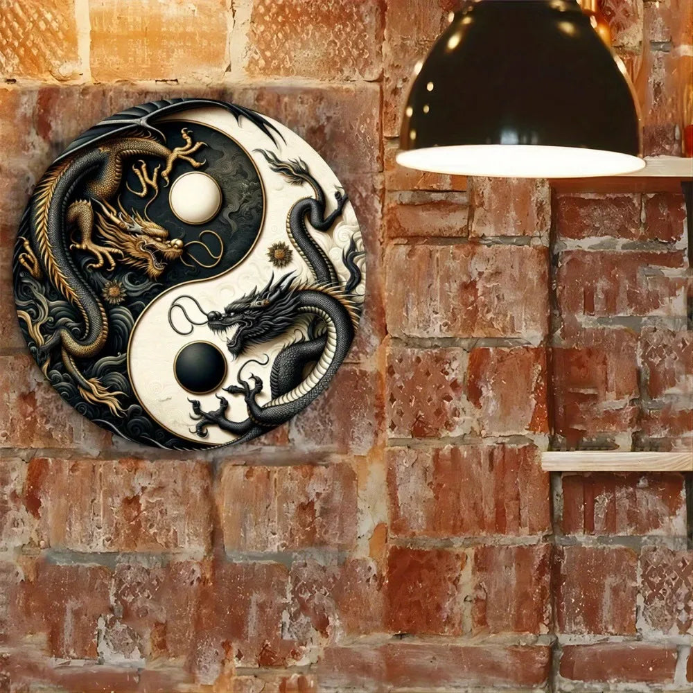 Placa metálica Yin-Yang com dragão chinês  - Arte oriental em preto e branco