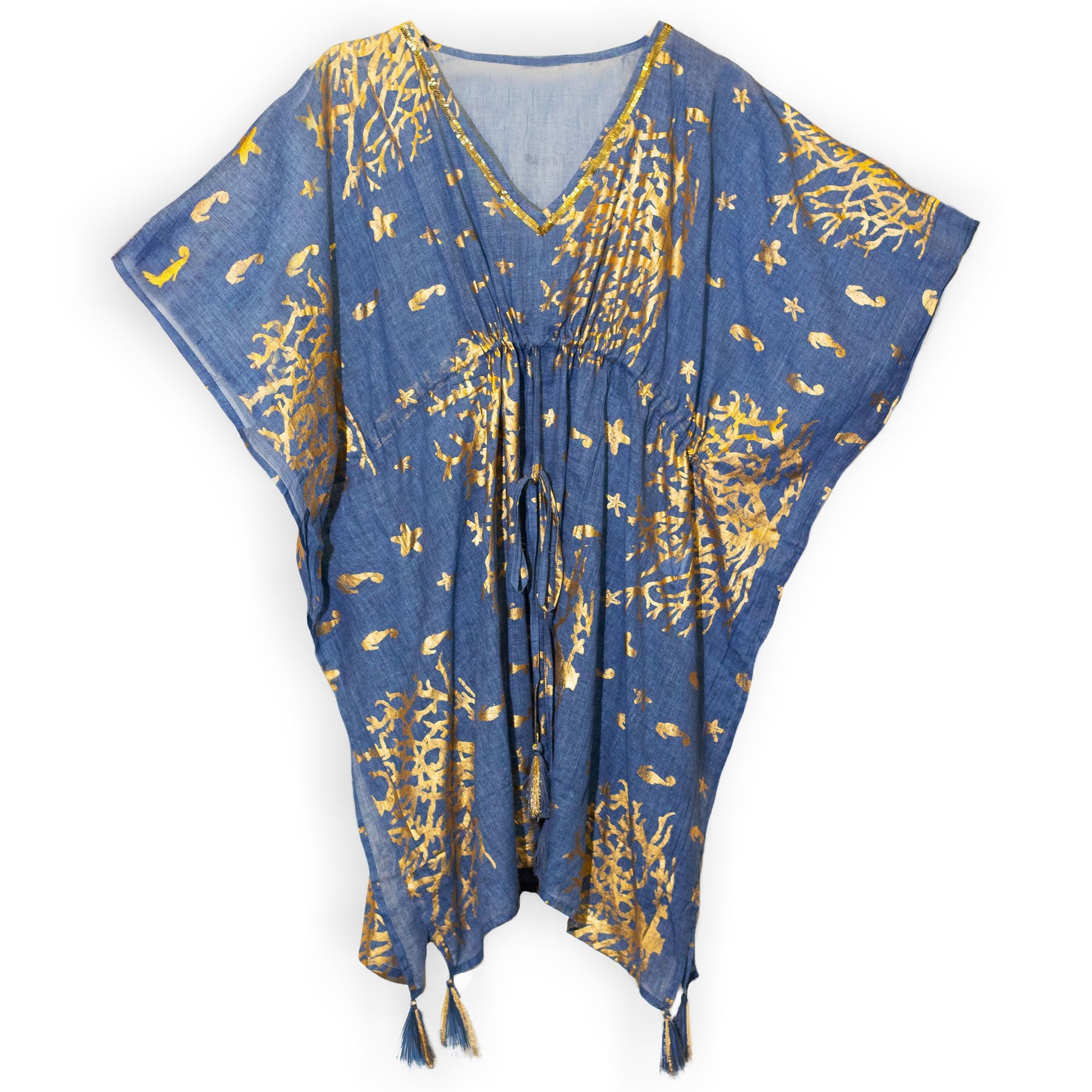 Coleção Nomad Sari Mediterrâneo - Kaftan - Desenho Coral em Azul Marinho e Dourado