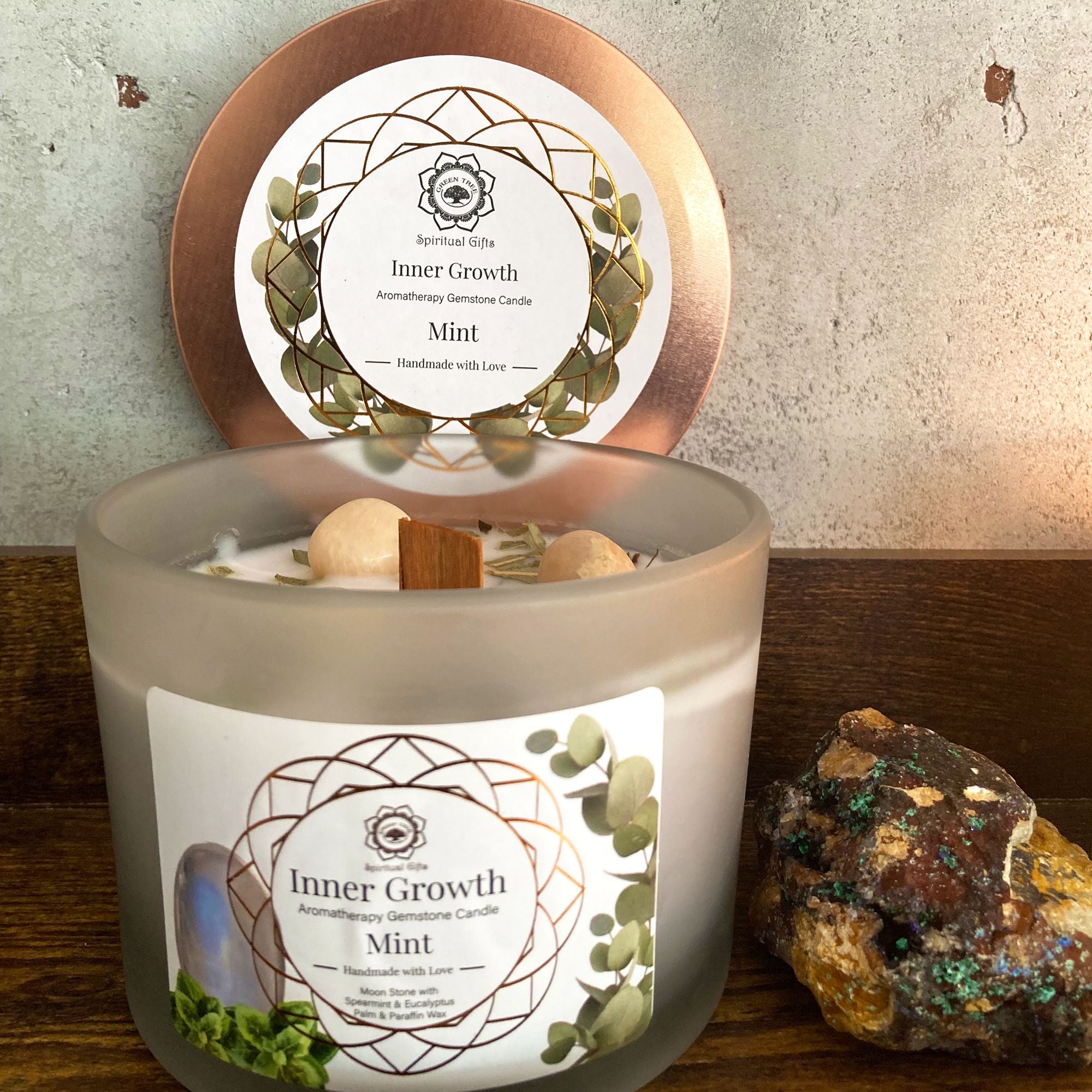 Vela de Menta e Pedra Preciosa da Lua - Crescimento Interior
