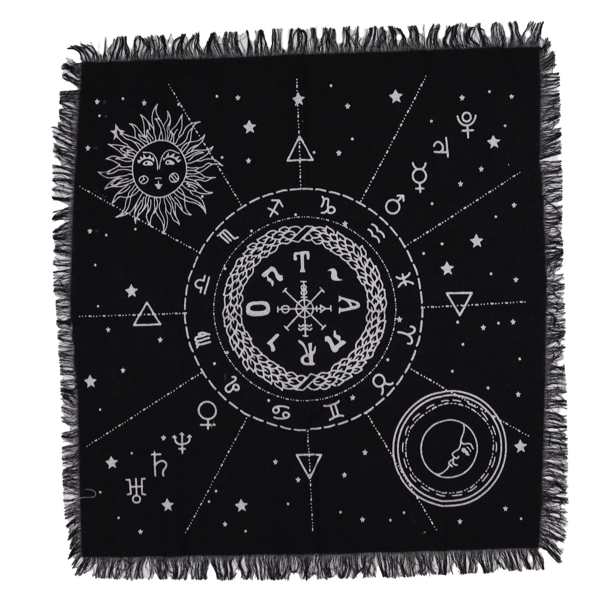 Toalha de altar esotérica com franjas - Carta Lunar e Solar