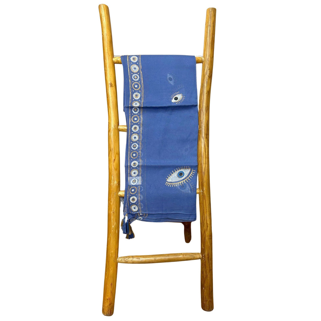 Coleção Nomad Sari Mediterrâneo - Pareô - Desenho do Olho em Azul Rico e Dourado