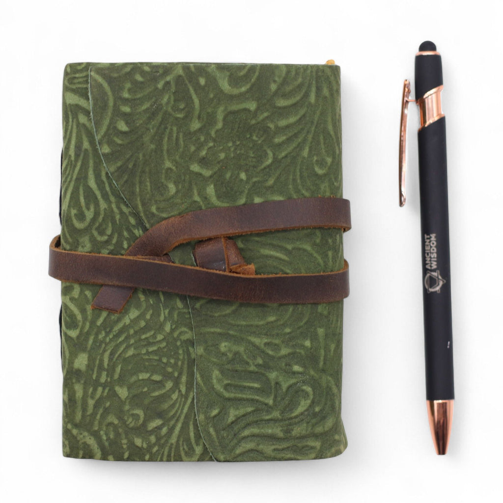 Caderno grosso de couro com borda deckle – Padrão labirinto verde – 12,7×8,9 cm