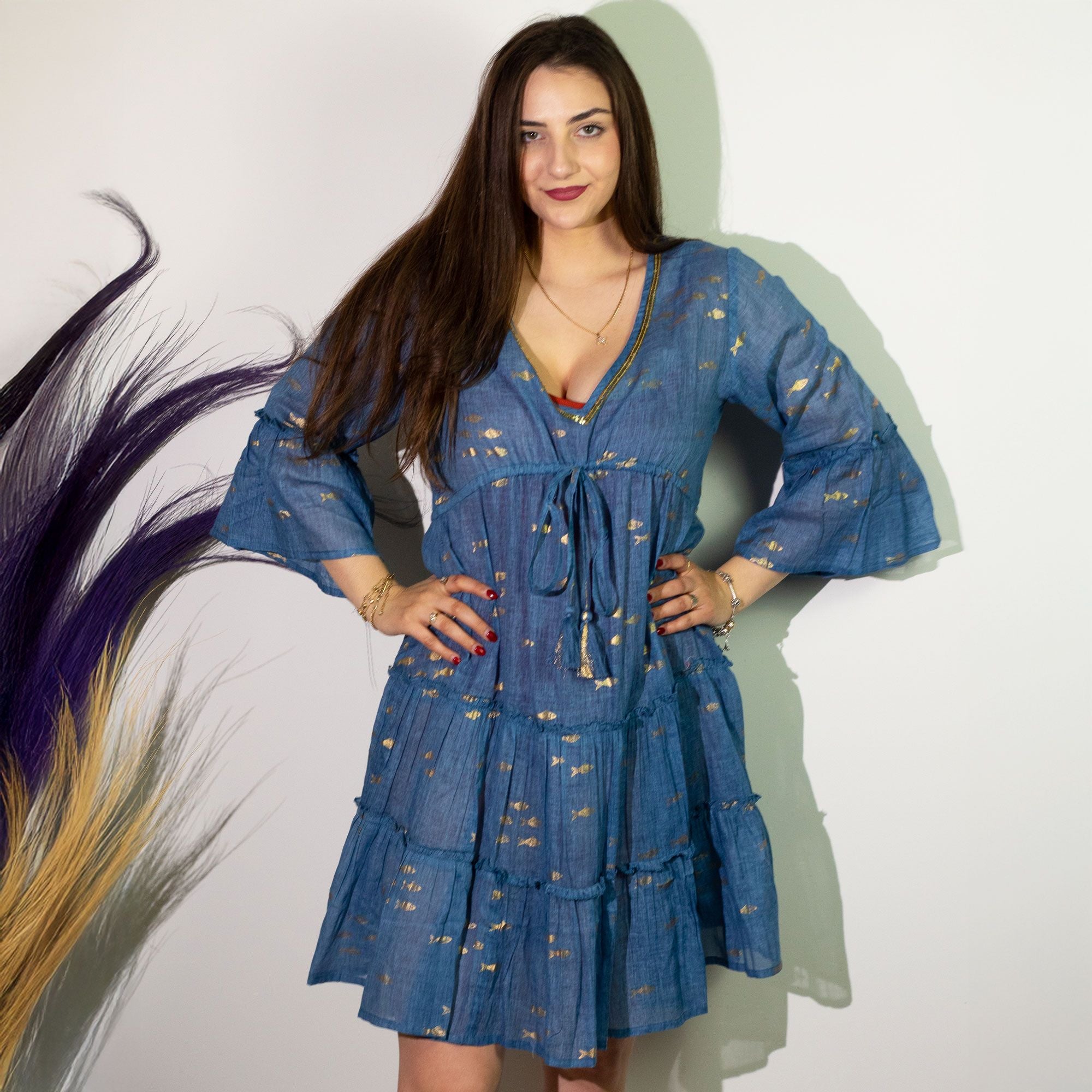 (ML) Coleção Nomad Sari - Vestido - Desenho de peixe azul marinho e dourado