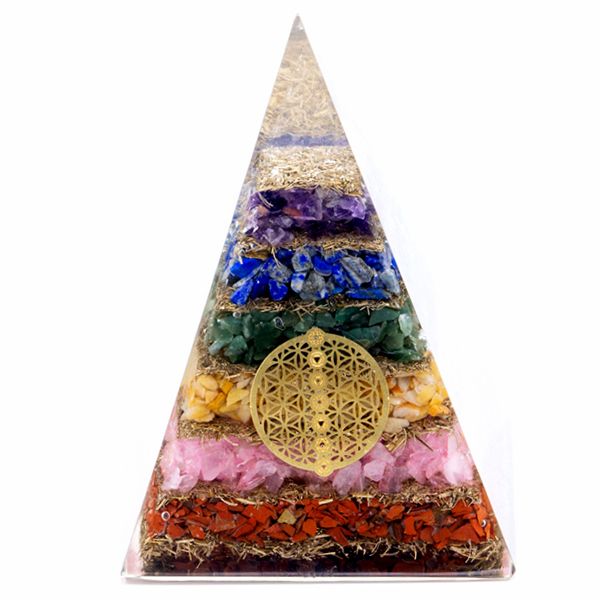 Pirâmide de Orgonite grande 70mm - Gemas dos Chakra - Flor da Vida dos 7 chakras 70 mm