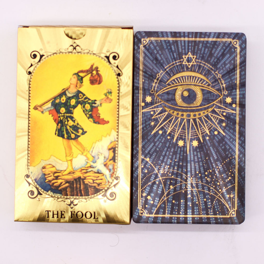 Juego de cartas del Tarot con lámina metálica azul y dorada – El Ojo que Todo lo Ve – con folleto.