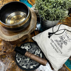 Conjunto taça tibetana batida e gravada à mão - 14cm - Flor de lótus