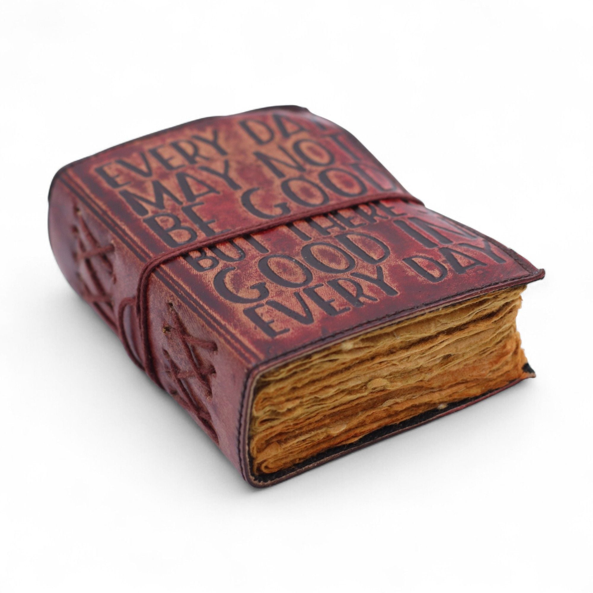 Caderno de couro grosso com borda desfiada – "Nem todos os dias são bons"