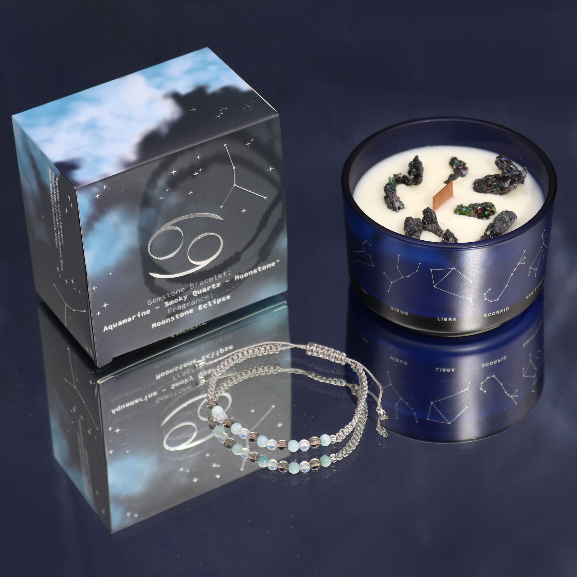 Vela de cristal do zodíaco com pulseira de pedras preciosas - Câncer