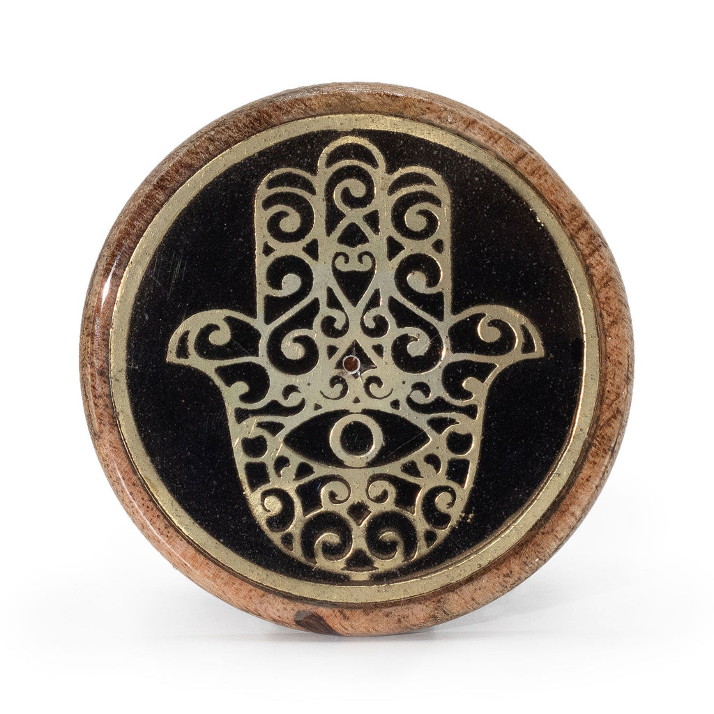 Porta incenso dourado e preto sobre madeira de manga - Hamsa