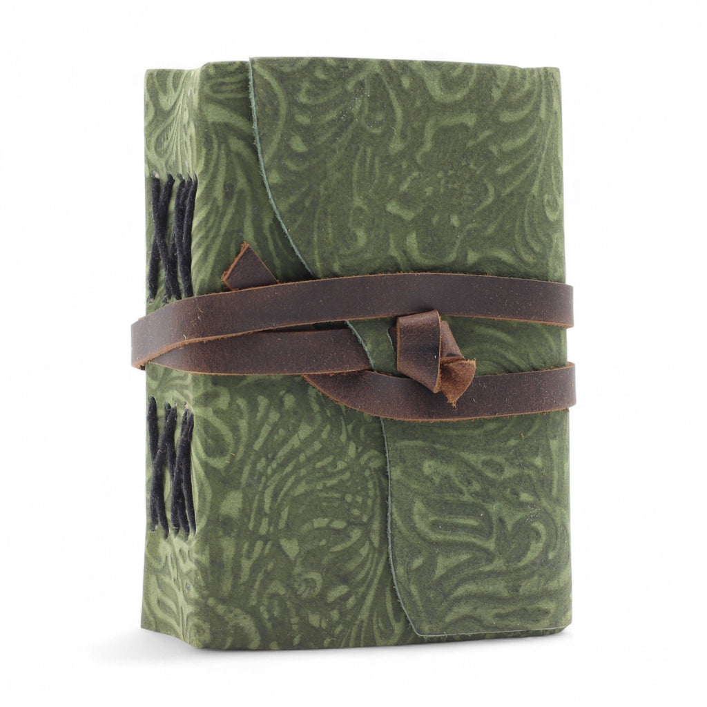 Caderno grosso de couro com borda deckle – Padrão labirinto verde – 12,7×8,9 cm