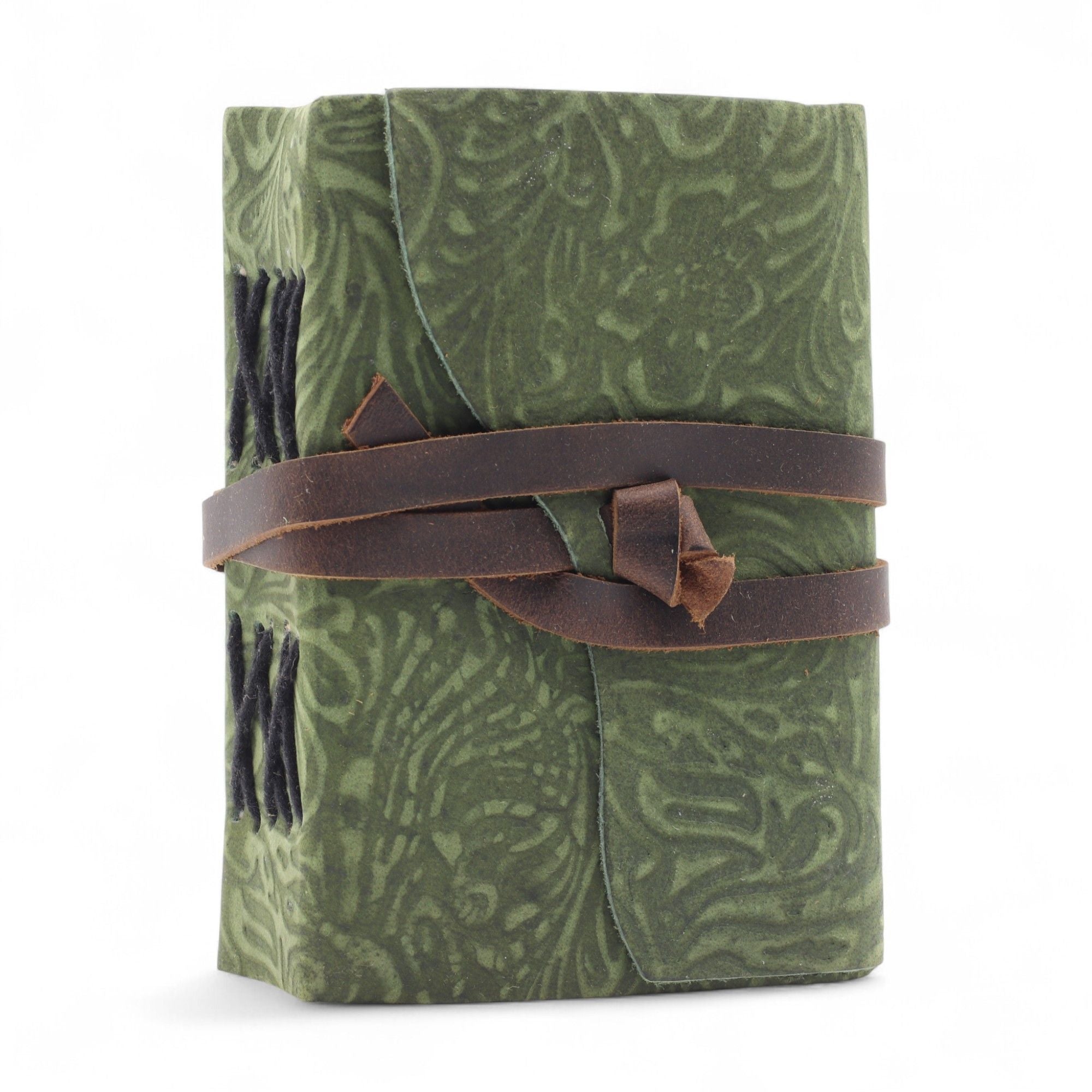 Caderno grosso de couro com borda deckle – Padrão labirinto verde – 12,7×8,9 cm